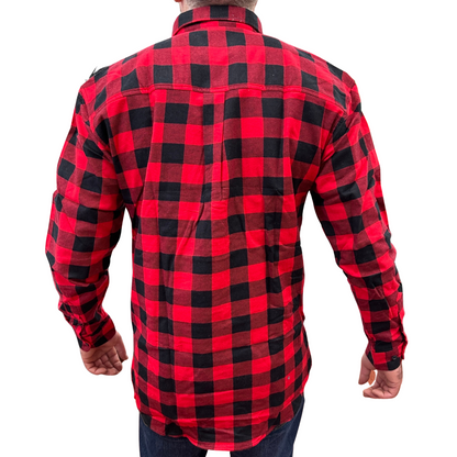 Mens Flannelette Long Sleeve Pullover Shirt 100% Cotton Flannel - Half Placket - Red/Black - M