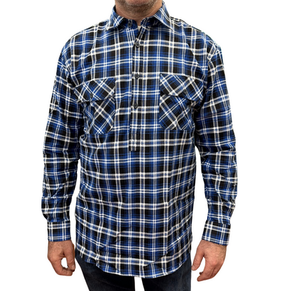 Mens Flannelette Long Sleeve Pullover Shirt 100% Cotton Flannel - Half Placket - Blue/Black - L