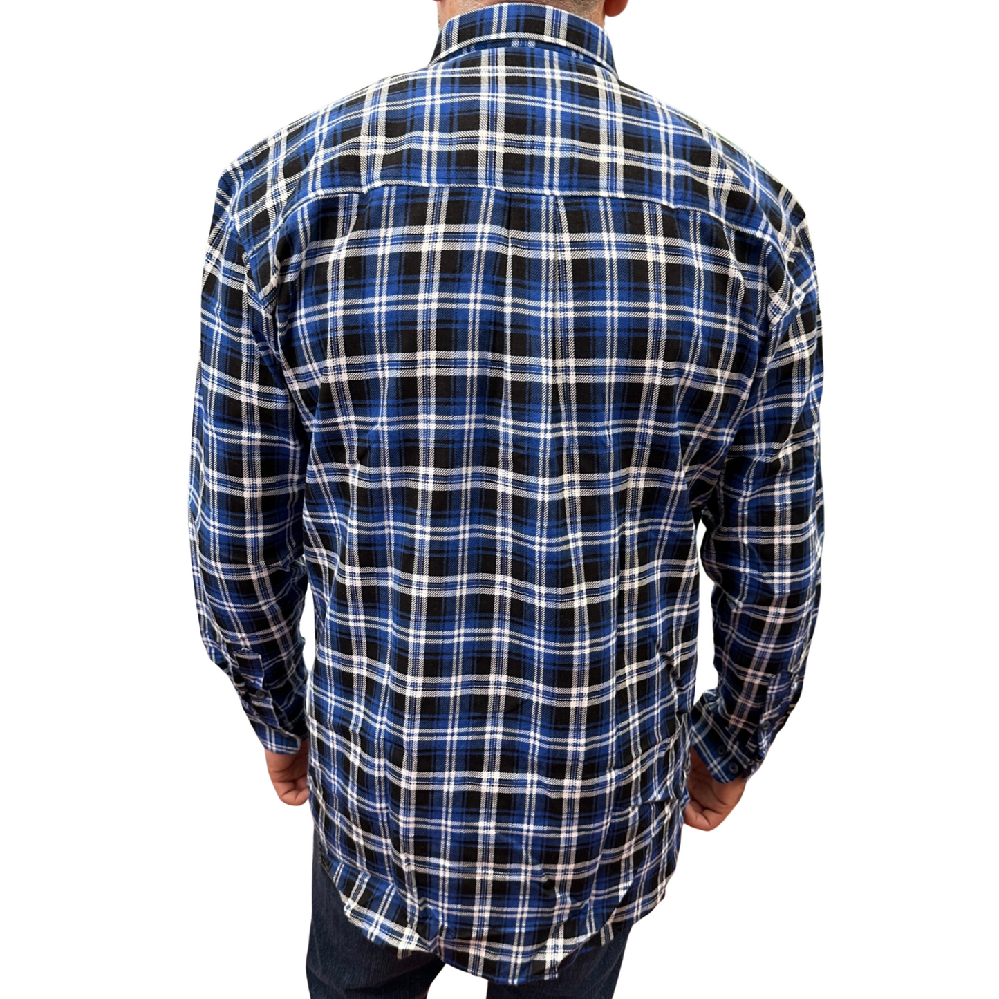 Mens Flannelette Long Sleeve Pullover Shirt 100% Cotton Flannel - Half Placket - Blue/Black - L