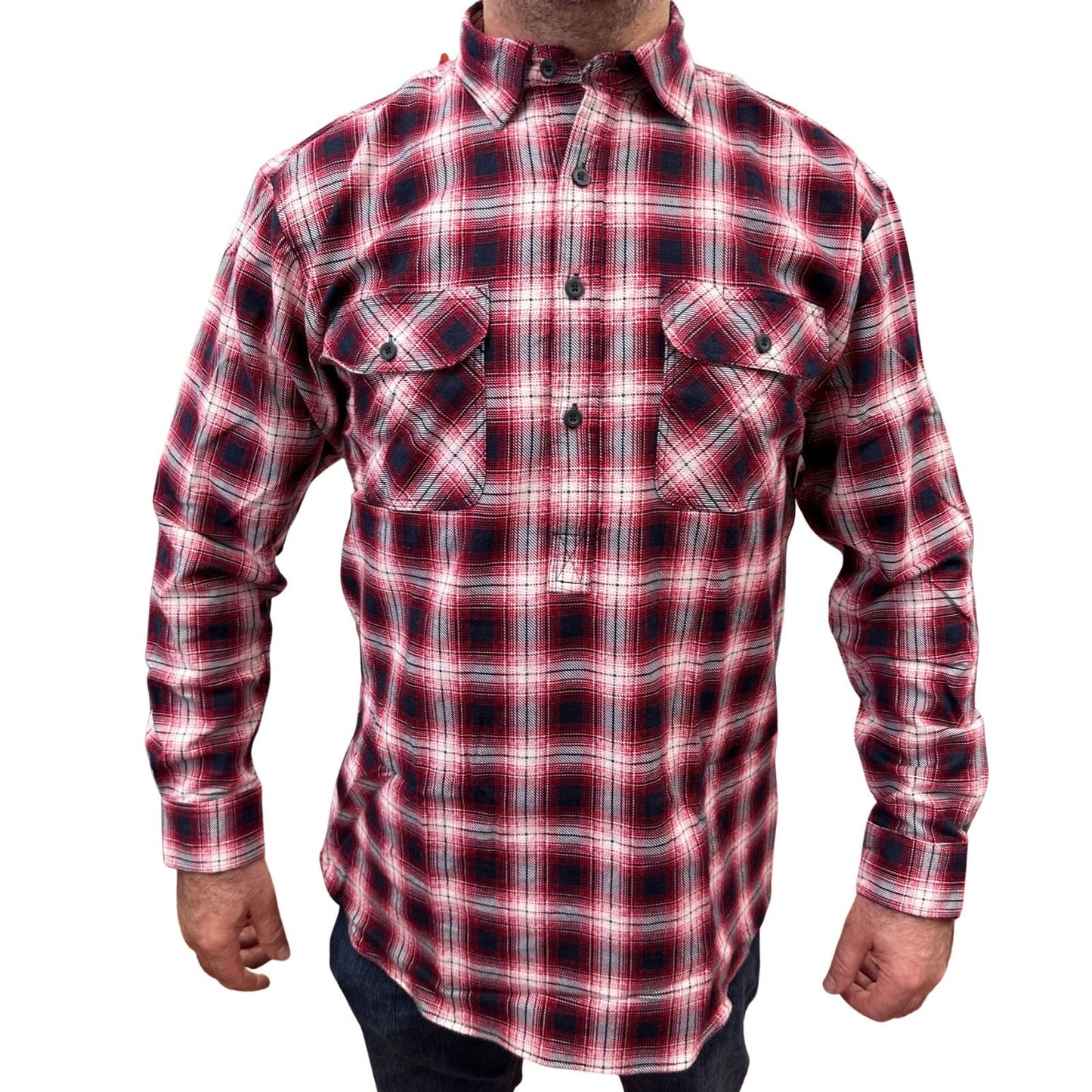 Mens Flannelette Long Sleeve Pullover Shirt 100% Cotton Flannel - Half Placket - Red/Black - L