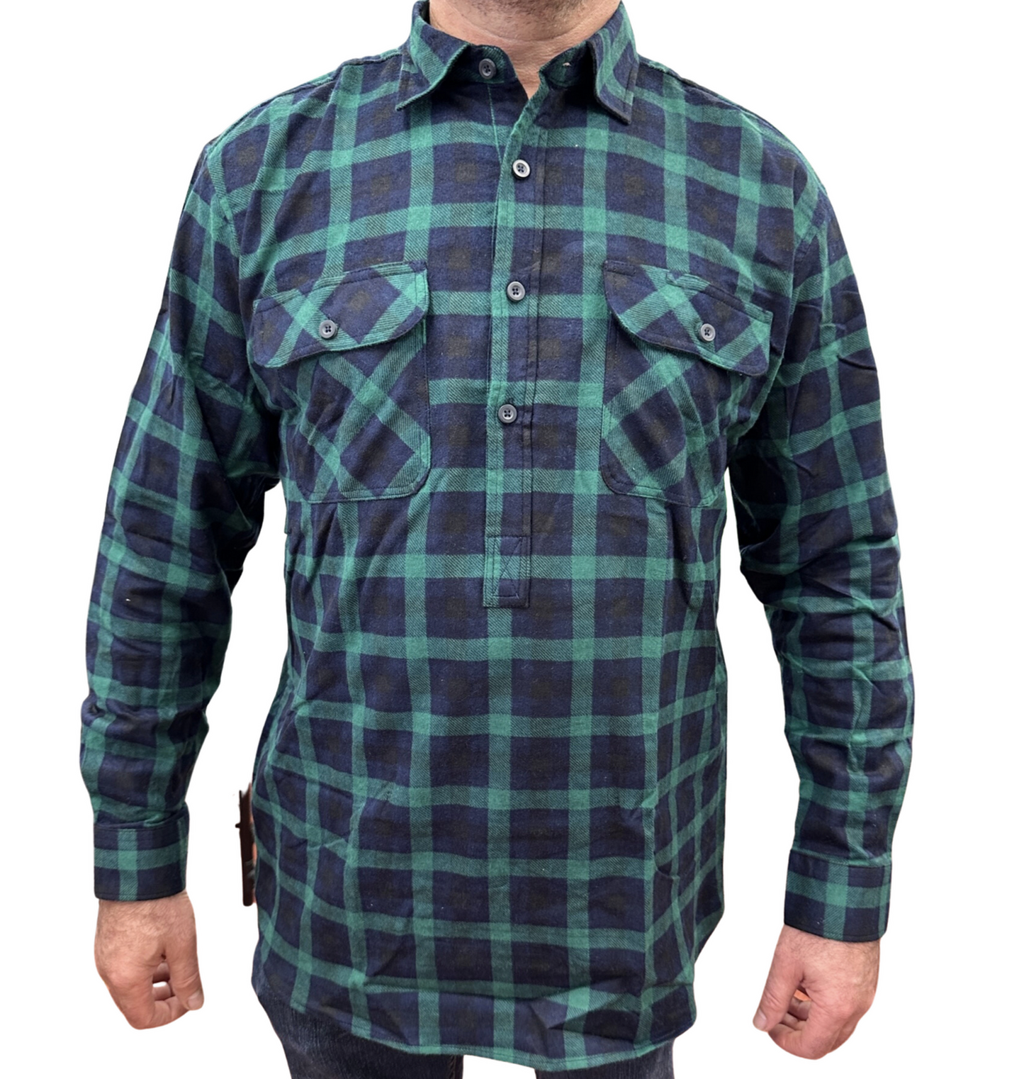 Mens Flannelette Long Sleeve Pullover Shirt 100% Cotton Flannel - Half Placket - Green/Navy - 3XL