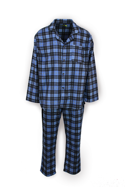 Mens Flannelette Pyjama Set Sleepwear Soft 100% Cotton PJs - Blue Check - M