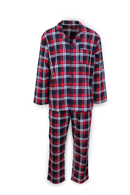 Mens Flannelette Pyjama Set Sleepwear Soft 100% Cotton PJs - Navy/Red - M