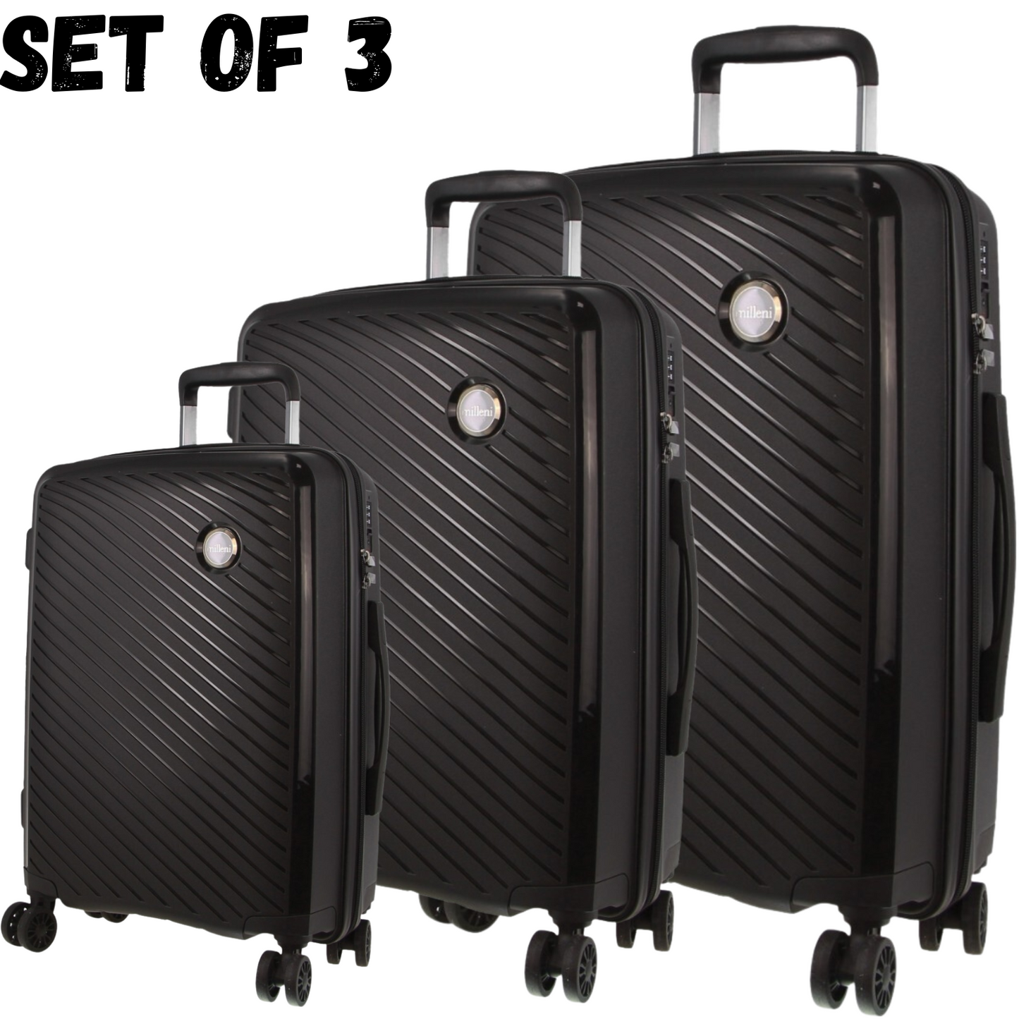 Pierre Cardin Inspired Milleni Hardshell 3-Piece Luggage Bag Set Travel Suitcase - Black