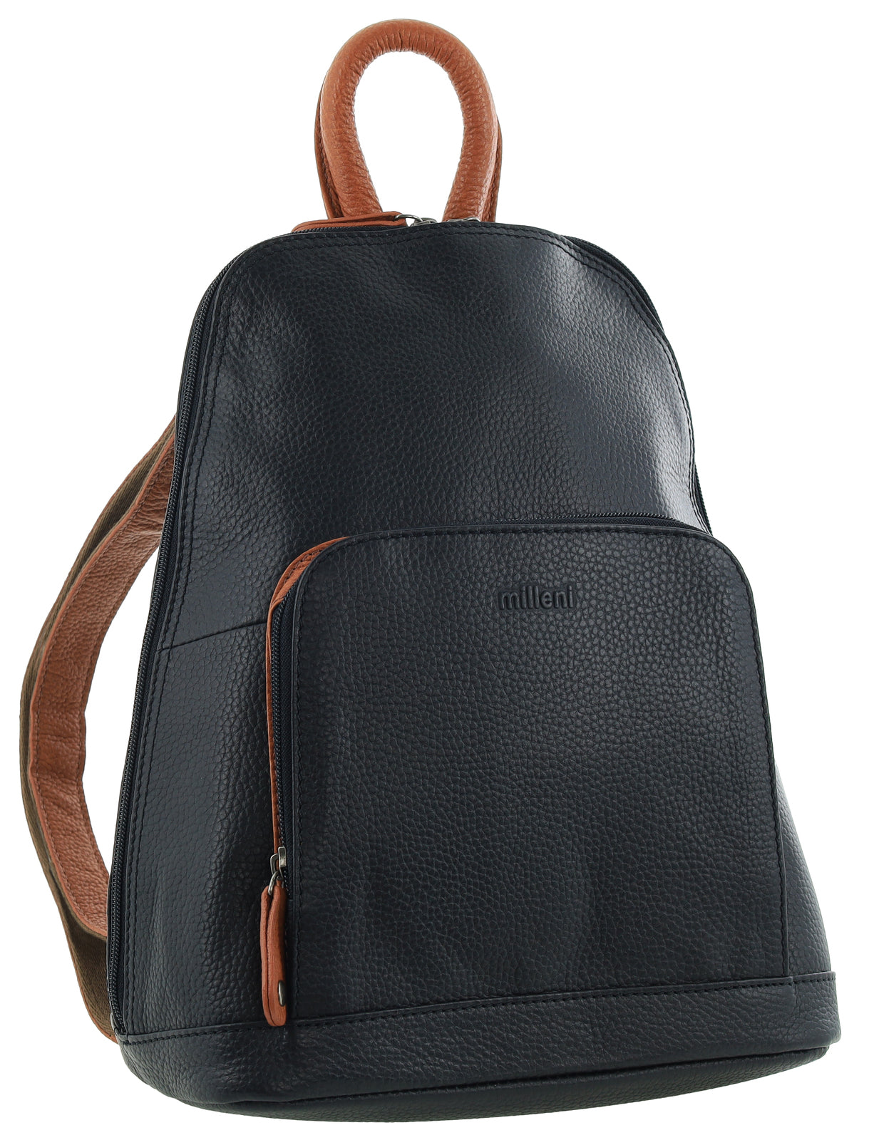 Milleni Genuine Italian Leather Soft Nappa Leather Backpack Bag Travel - Black/Cognac