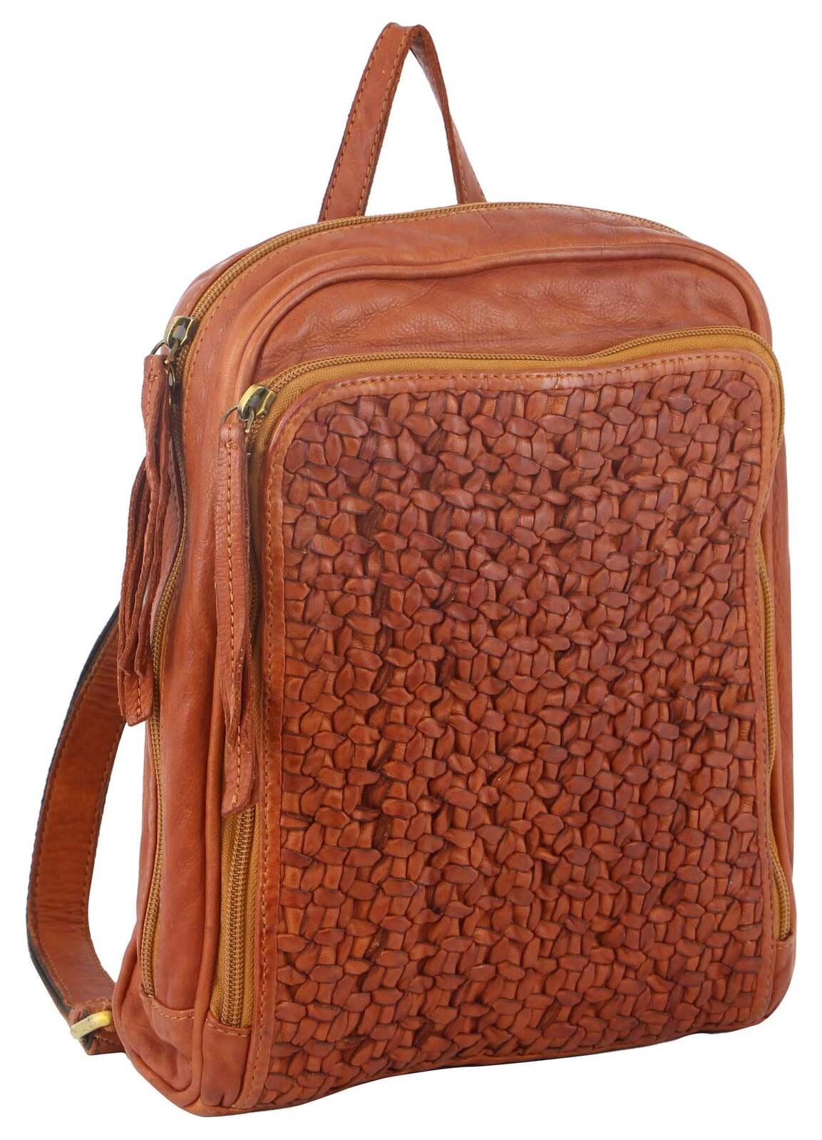 Pierre Cardin Woven Leather Ladies Backpack Bag Travel - Cognac