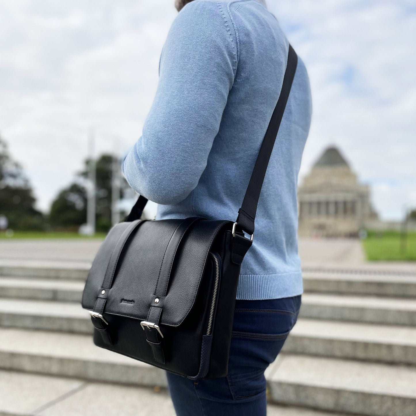 Pierre Cardin Pebbled Leather Computer Laptop Bag Overnight Satchel - Black