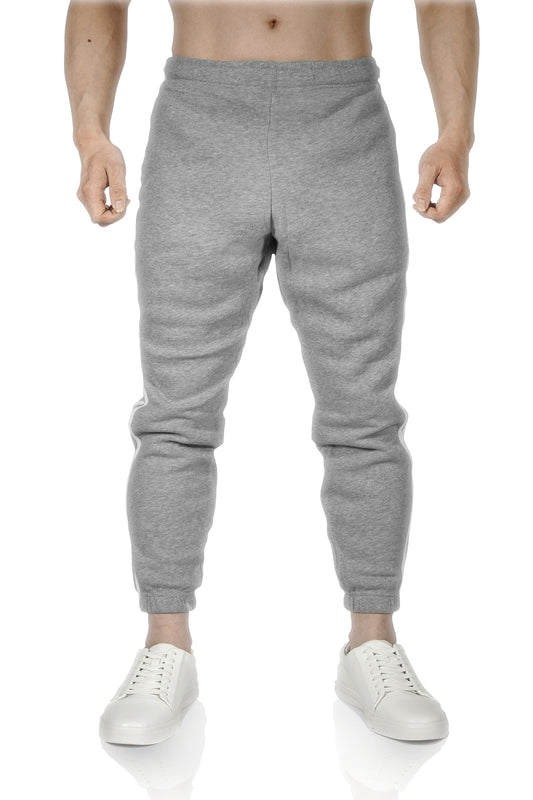 Mens Fleece Skinny Track Pants Jogger Gym Casual Sweat Trackies Warm Trousers - Grey Marle/White Stripe - L