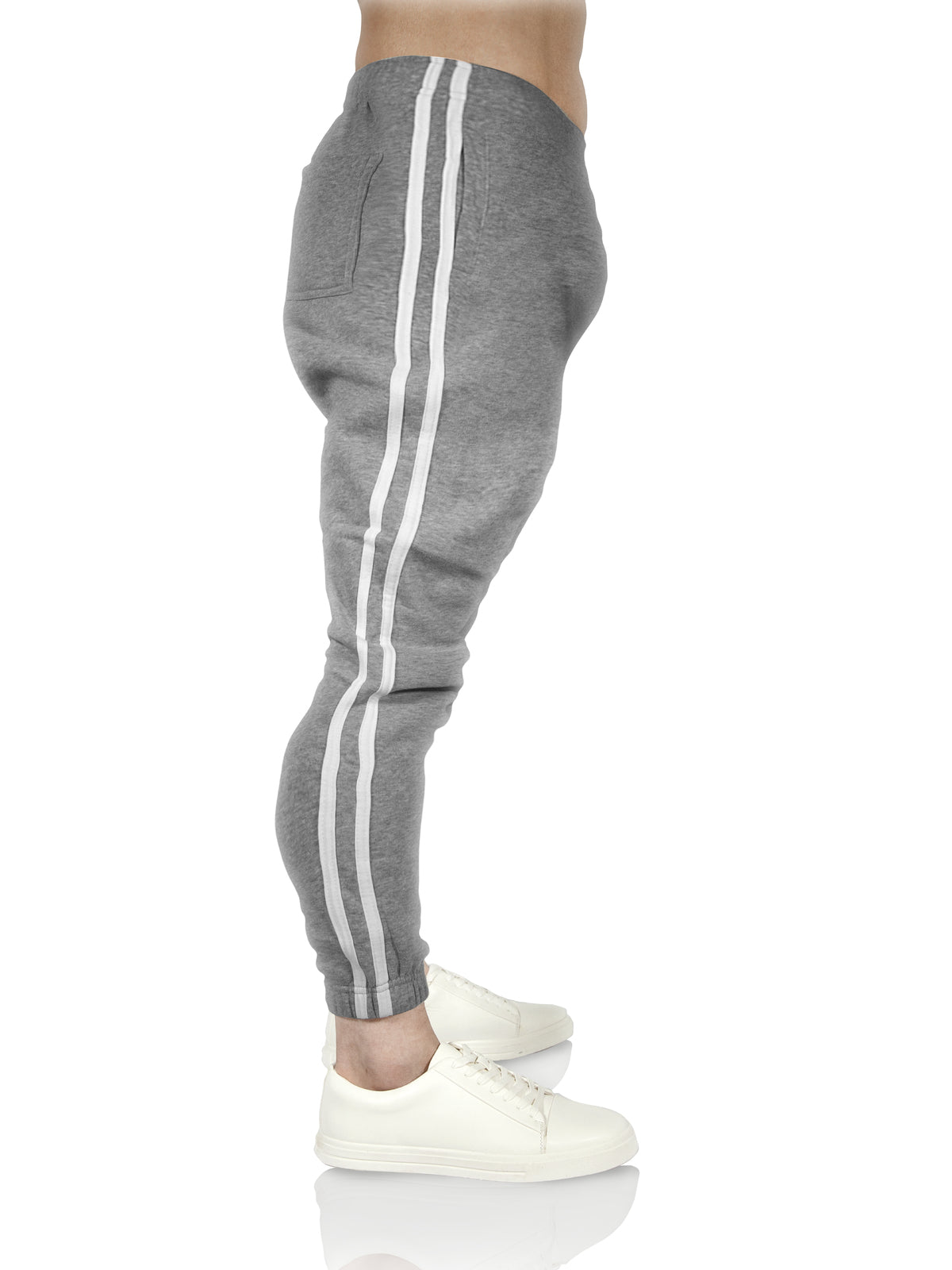 Mens Fleece Skinny Track Pants Jogger Gym Casual Sweat Trackies Warm Trousers - Grey Marle/White Stripe - L