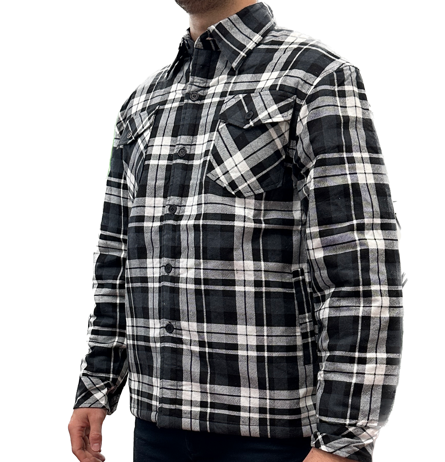 Mens QUILTED FLANNELETTE SHIRT 100% COTTON Flannel Jacket Padded Long Sleeve - Black/Charcoal/White (Quilted) - S