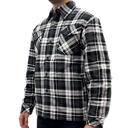 Mens QUILTED FLANNELETTE SHIRT 100% COTTON Flannel Jacket Padded Long Sleeve - Black/Charcoal/White (Quilted) - S