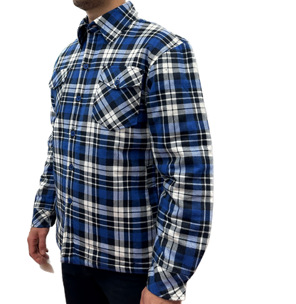 Mens QUILTED FLANNELETTE SHIRT 100% COTTON Flannel Jacket Padded Long Sleeve - Black/Navy/White (Quilted) - S