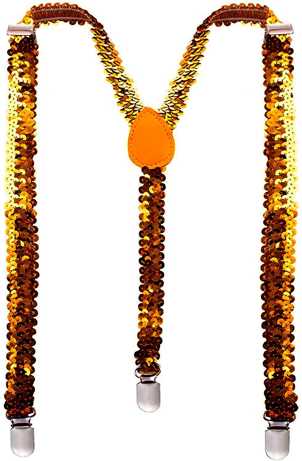 SEQUIN SUSPENDERS Unisex Adjustable Braces Clip On Elastic Y-Back  - Orange