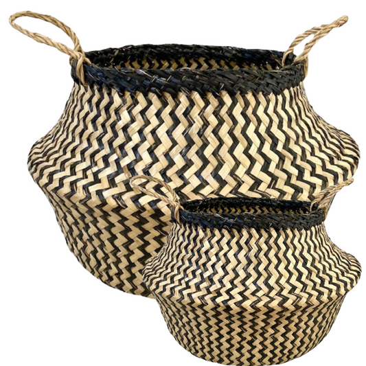 2x ROUND BELLY SEAGRASS STORAGE BASKET Natural Straw Folding - Chevron Black/Natural