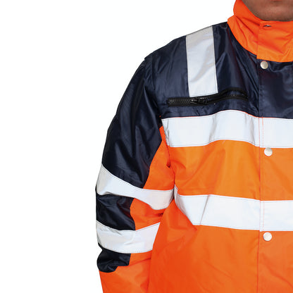 3-in-1 Hi Vis Quilted Safety Bomber Jacket Waterproof Reflective Workwear - Orange/Navy - S