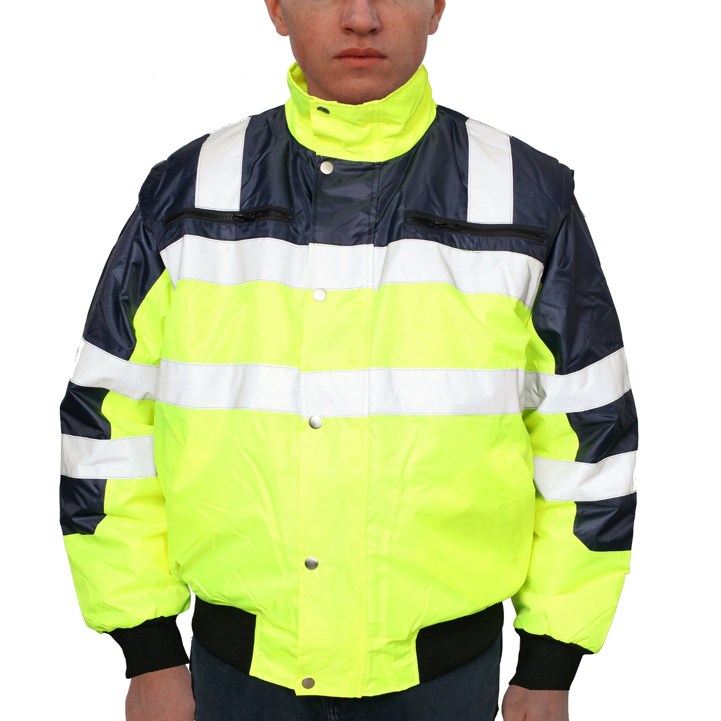 3-in-1 Hi Vis Quilted Safety Bomber Jacket Waterproof Reflective Workwear - Yellow/Navy - M