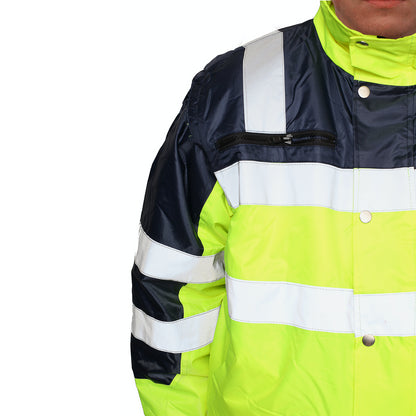 3-in-1 Hi Vis Quilted Safety Bomber Jacket Waterproof Reflective Workwear - Yellow/Navy - M