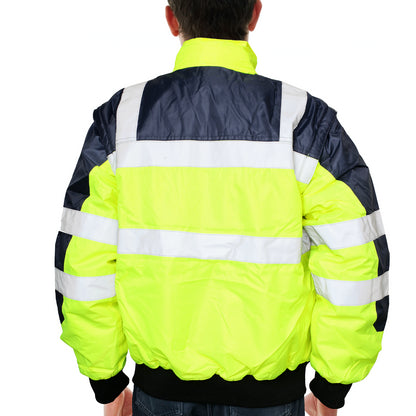 3-in-1 Hi Vis Quilted Safety Bomber Jacket Waterproof Reflective Workwear - Yellow/Navy - M