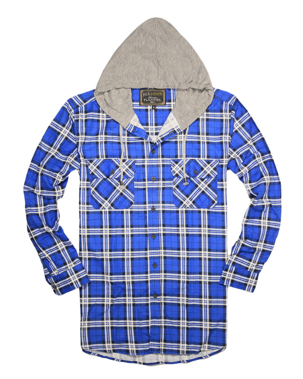 Mens Cotton Flannelette Shirt w Jersey Hood Long Sleeve Flannel - Spanish Blue - M