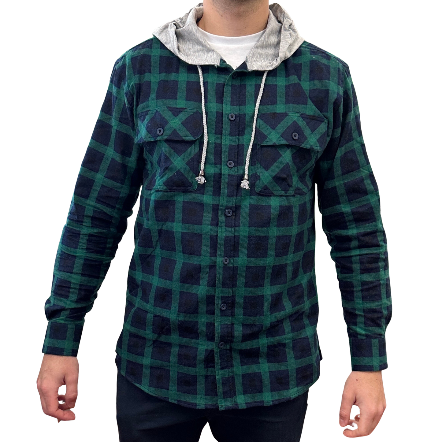 Mens Cotton Flannelette Shirt w Jersey Hood Long Sleeve Flannel - Green - M