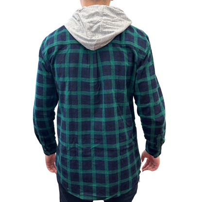 Mens Cotton Flannelette Shirt w Jersey Hood Long Sleeve Flannel - Green - M