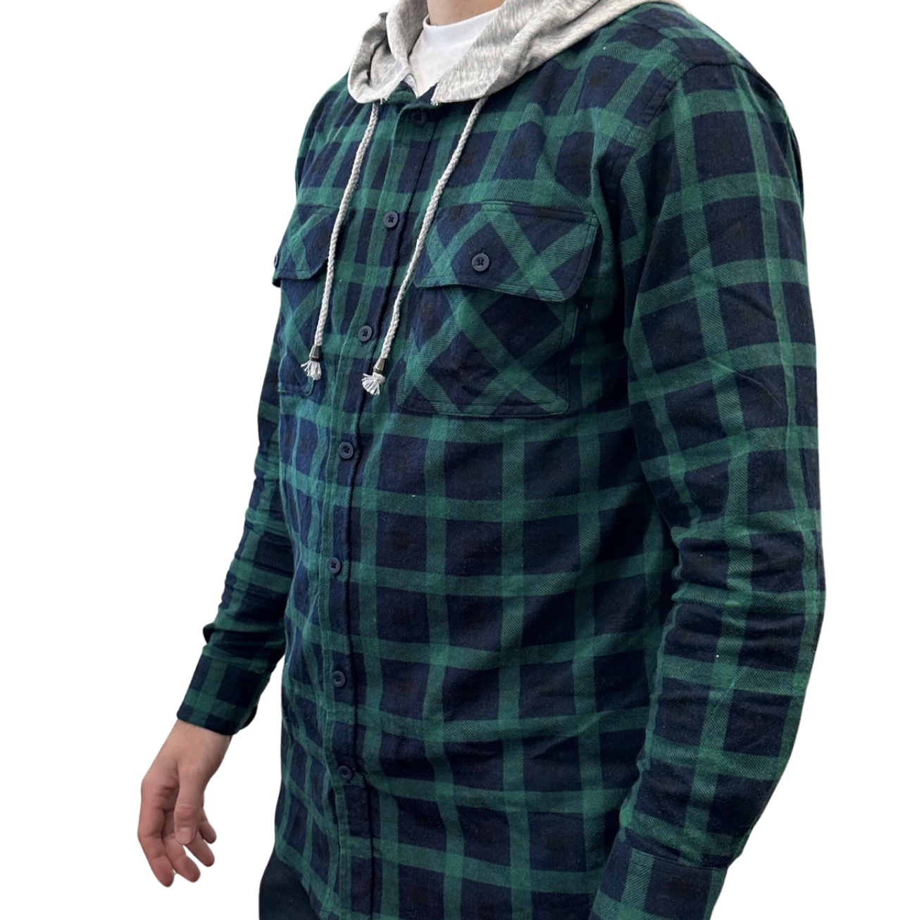 Mens Cotton Flannelette Shirt w Jersey Hood Long Sleeve Flannel - Green - M