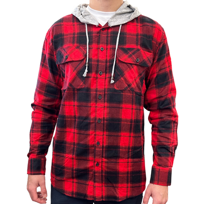 Mens Cotton Flannelette Shirt w Jersey Hood Long Sleeve Flannel - Red - S