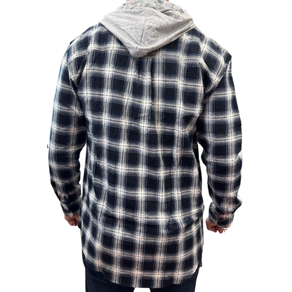 Mens Cotton Flannelette Shirt w Jersey Hood Long Sleeve Flannel - Black - L