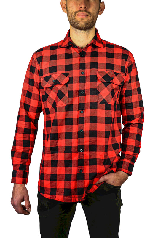 Jacksmith Quilted Flannelette Shirt Mens Jacket 100% Cotton Padded Warm Winter Flannel - Red/Black - L