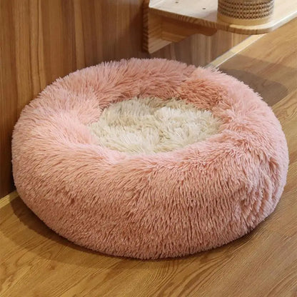 Large-60cm cream PawfectFriend Dog Pet Cat Calming Bed Plush Beds Large Fluffy Donut Comfy Cushion Puppy Mat