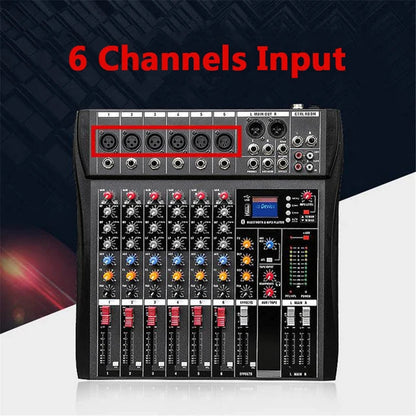 Hridz 6 Channels Bluetooth Mixer DJ Live Studio Audio Mixer USB Console Amplifier AUX