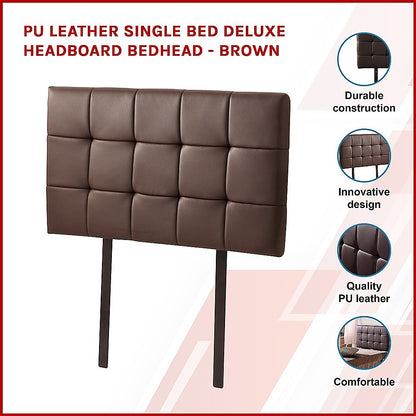 PU Leather Single Bed Deluxe Headboard Bedhead - Brown