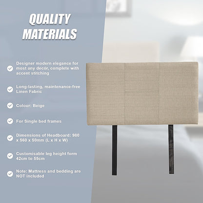 Linen Fabric Single Bed Headboard Bedhead - Beige