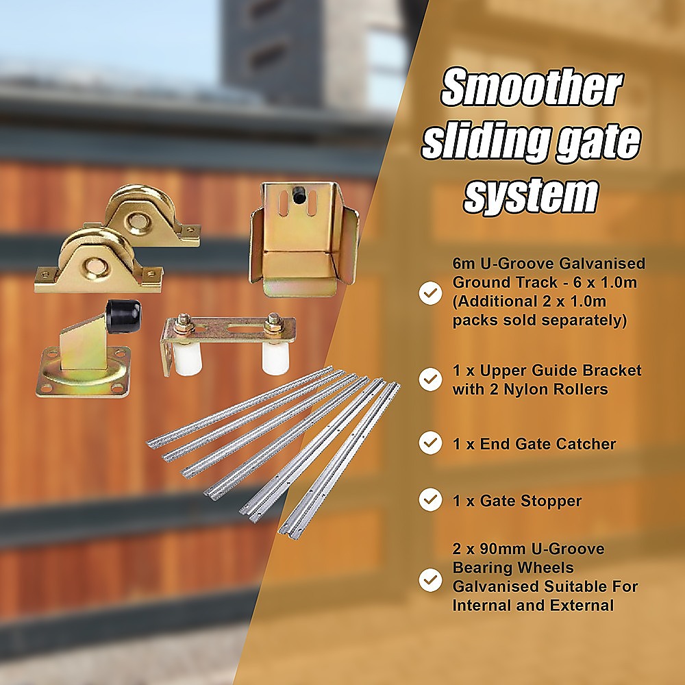 Sliding Gate Hardware Accessories Kit - 6m Track, Wheels, Stopper, Roller Guide