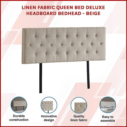 Linen Fabric Queen Bed Deluxe Headboard Bedhead - Beige