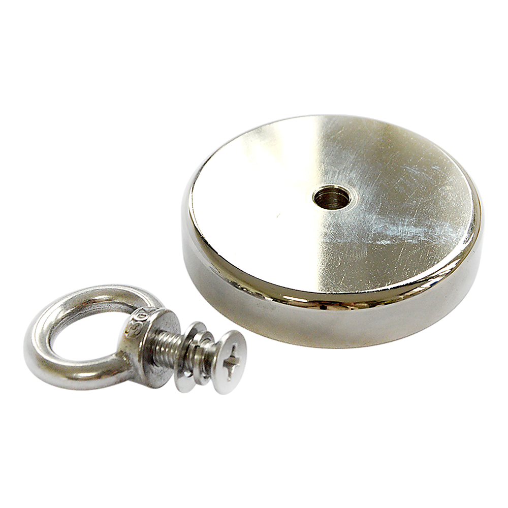 Round Neodymium Fishing Magnet with Countersunk Hole and Eyebolt, 500 LBS pull