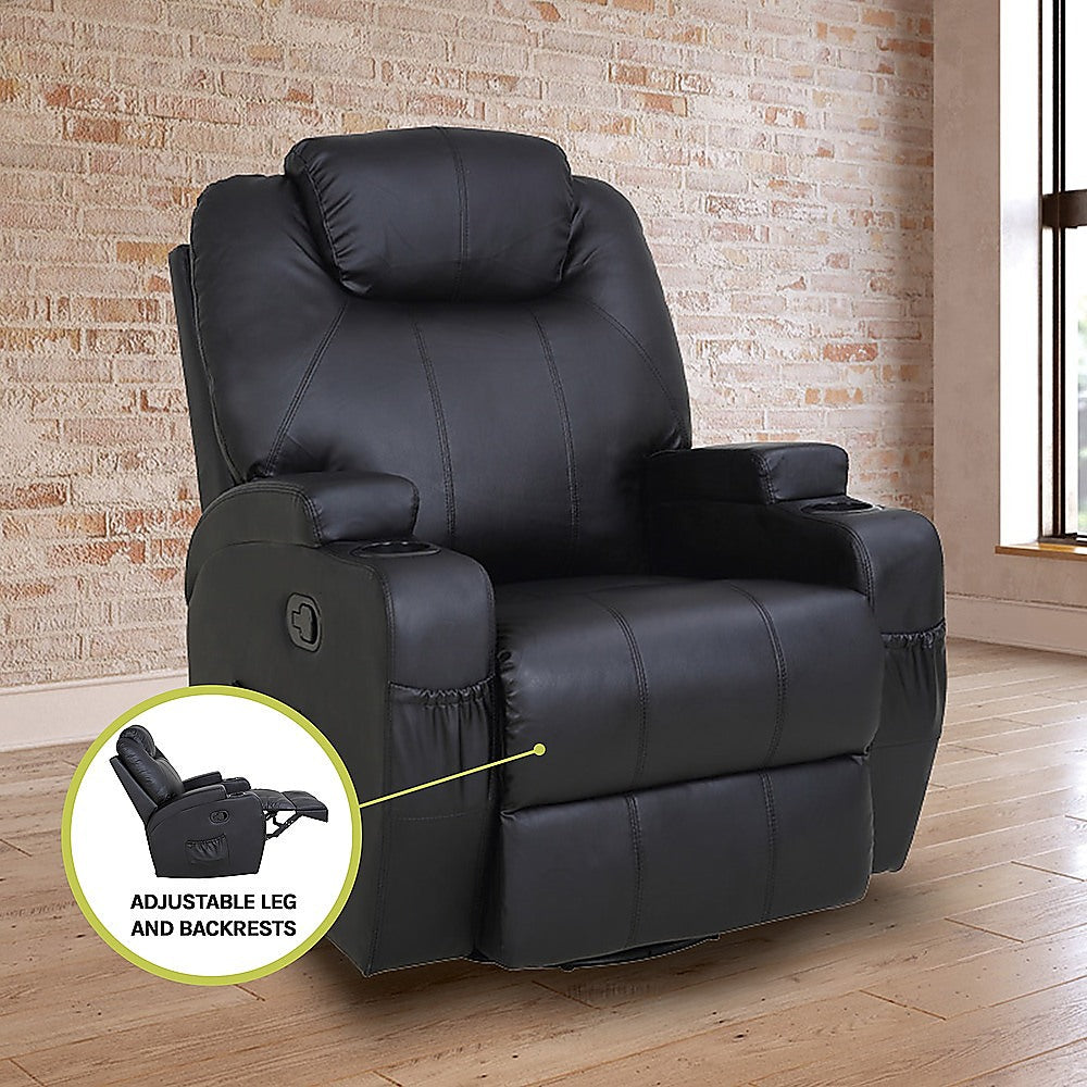 Black Massage Sofa Chair Recliner 360 Degree Swivel PU Leather Lounge 8 Point Heated