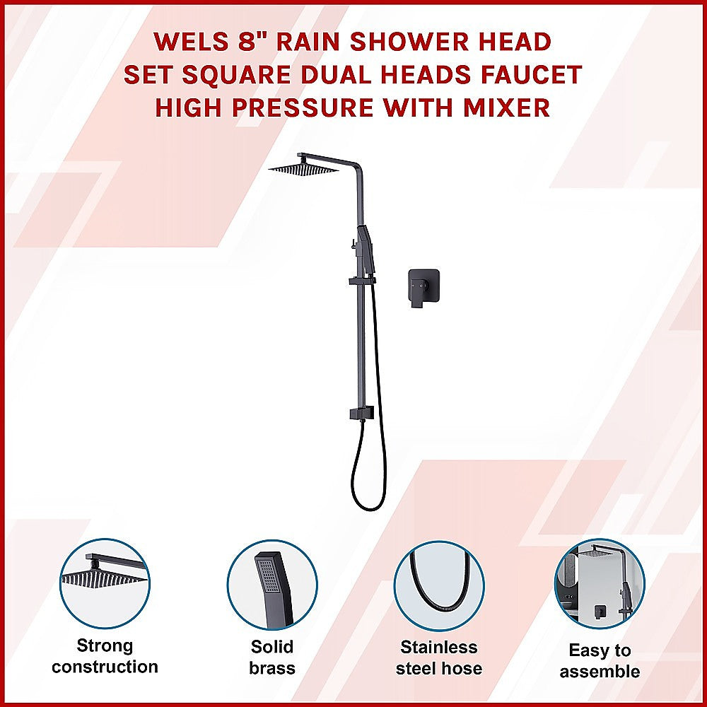 WELS 8" Rain Shower Head Set Square Dual Heads Faucet High Pressure With Mixer