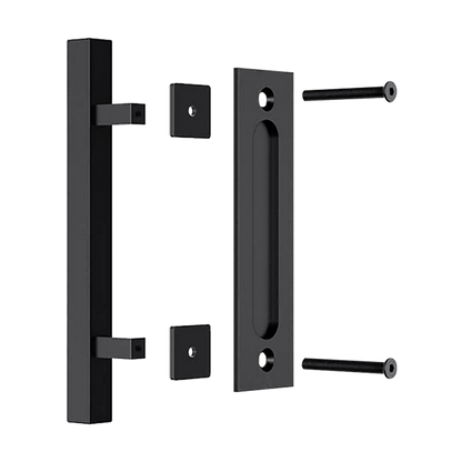 12" Square Pull and Flush Door Handle Set Black Barn Door Hardware