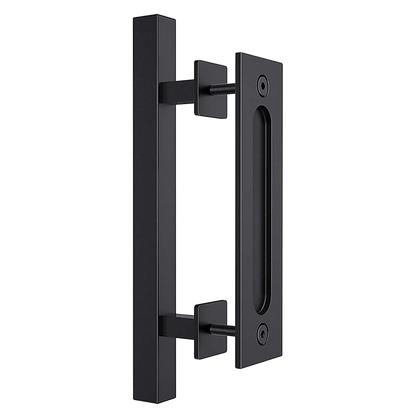 12" Square Pull and Flush Door Handle Set Black Barn Door Hardware
