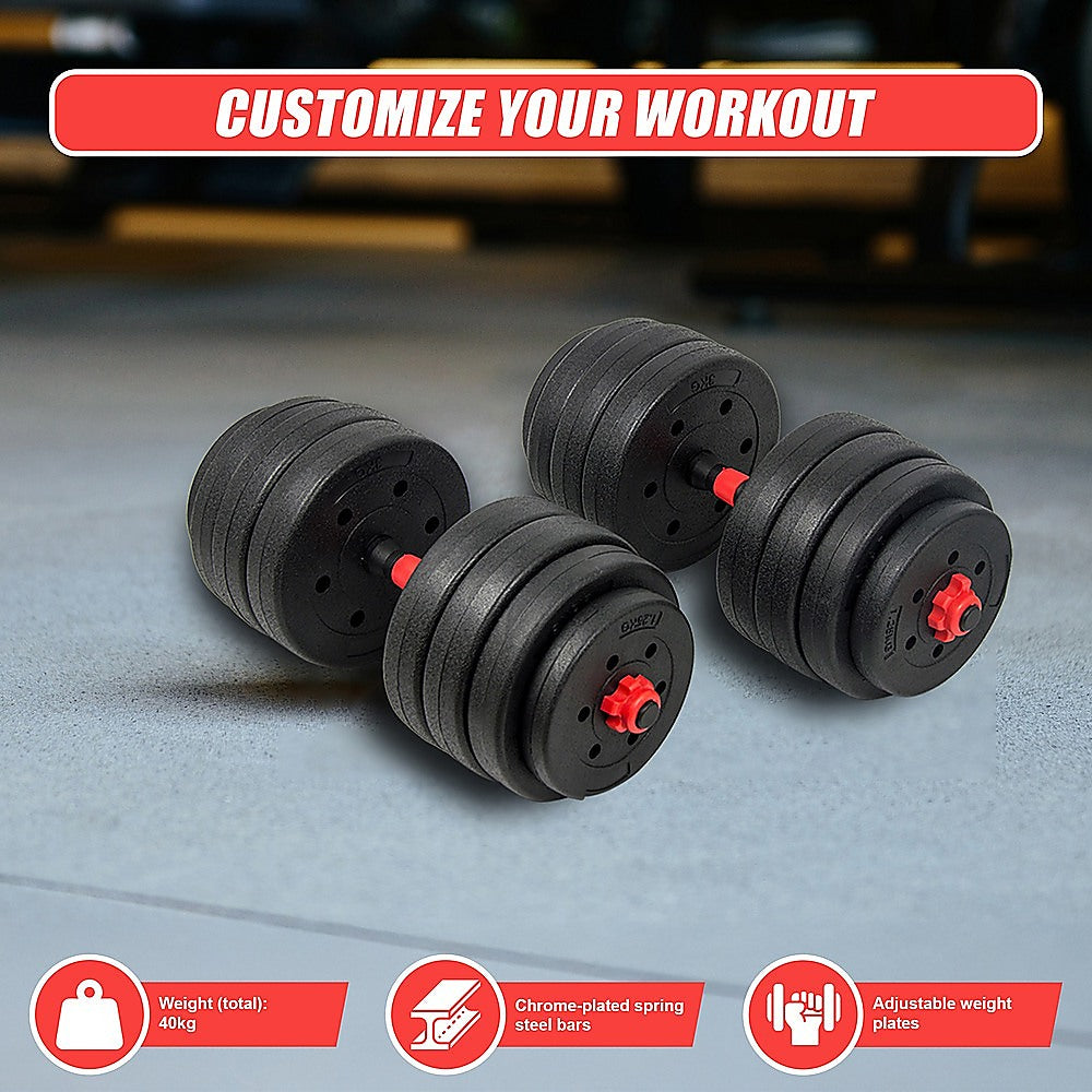 40kg Adjustable Rubber Dumbbell Set Barbell Home GYM Exercise Weights