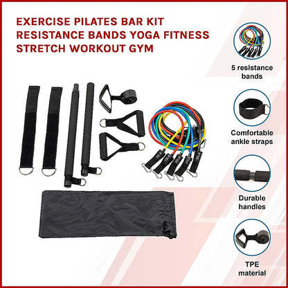 Exercise Pilates Bar Kit Resistance Bands Yoga Fitness Stretch Workout Gym