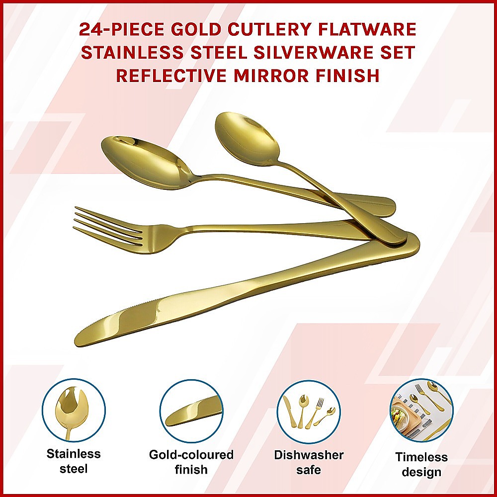 24-piece Gold Cutlery Flatware Stainless Steel Silverware Set Reflective Mirror Finish