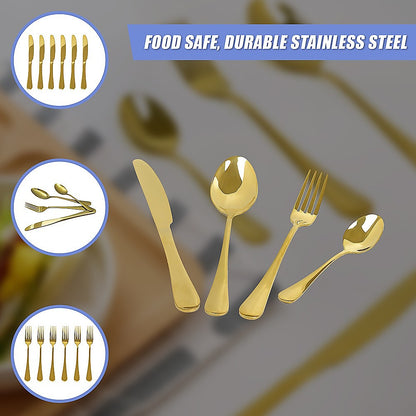 24-piece Gold Cutlery Flatware Stainless Steel Silverware Set Reflective Mirror Finish