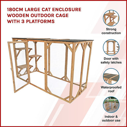 180cm Large Cat Enclosure Wooden Outdoor Cage with 3 Platforms