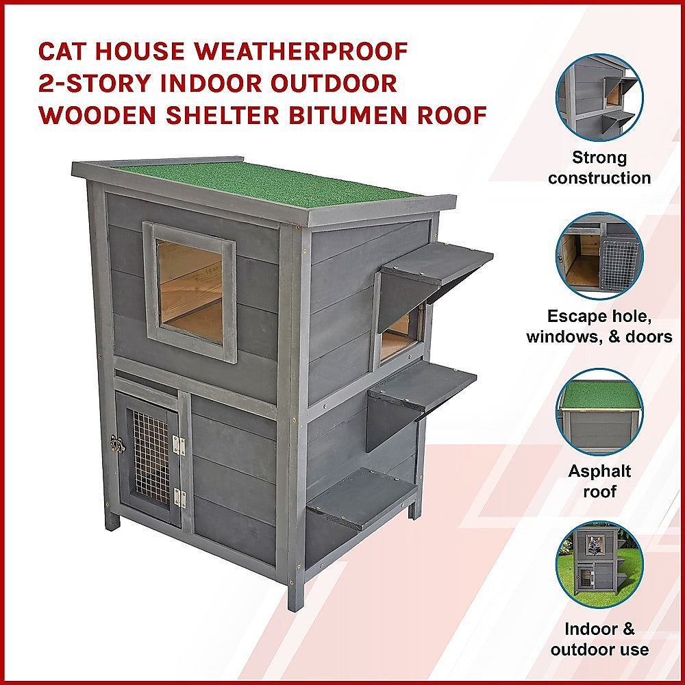 Cat House Weatherproof 2-Story Indoor Outdoor Wooden Shelter Bitumen Roof