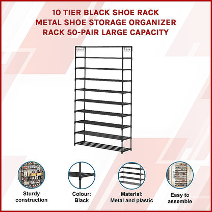 10 Tier Black Shoe Rack Metal Shoe Storage Organizer Rack 50-Pair Large Capacity