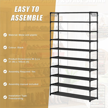 10 Tier Black Shoe Rack Metal Shoe Storage Organizer Rack 50-Pair Large Capacity