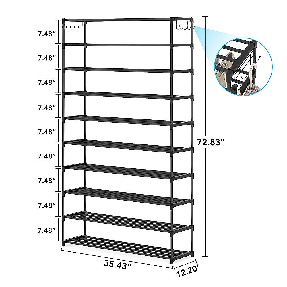 10 Tier Black Shoe Rack Metal Shoe Storage Organizer Rack 50-Pair Large Capacity