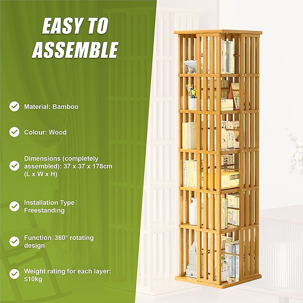 360 Rotating Bookshelf Bamboo Storage Display Rack Shelving in Wood